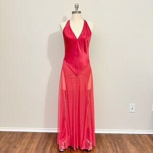 VICTORIAS SECRET Silk Maxi Dress Red Halter Sheer Slip Lingerie Flowy
